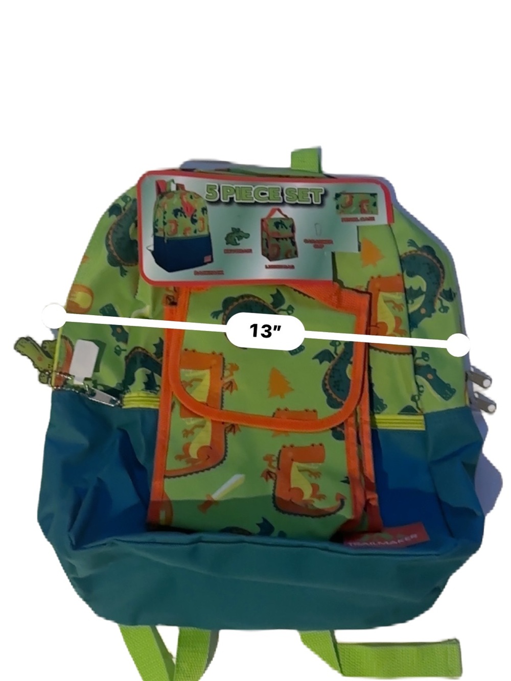 5 Piece Kids Boys Backpack Bag Back to School Set - Green & Orange Dragon Print - Picture 15 of 16